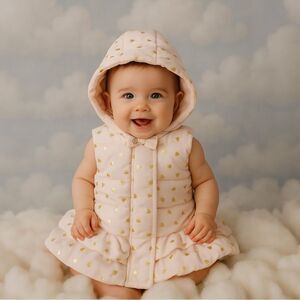 Little Me Pink & Gold Hearts Puffer Hoodie Vest Size 12 Months